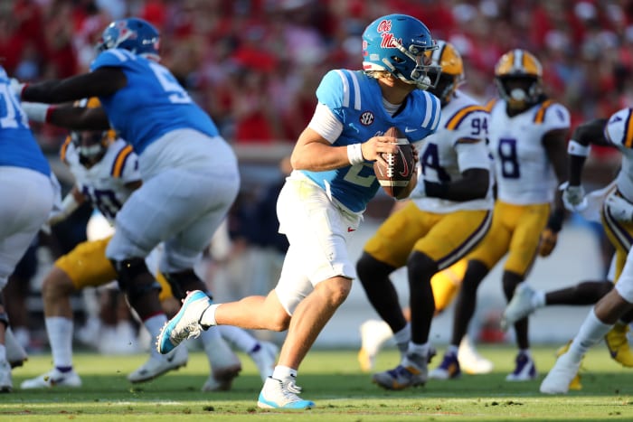 Sep 30, 2023; Oxford, Mississippi, USA; Ole Miss Rebels quarterback Jaxson Dart (2) drops back to pass during the first quarter against the LSU Tigers at Vaught-Hemingway Stadium. Mandatory Credit: Petre Thomas-USA TODAY Sports